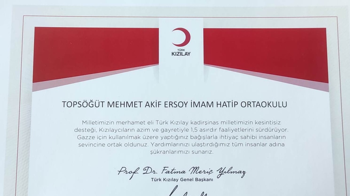 Türk Kızılayından Okulumuza Teşekkür Belgesi